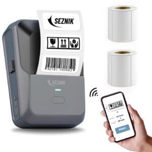 SEZNIK Model MCB9810 Bluetooth/USB Battery Powered Mobile Mini Thermal Sticker Printer for Business (Barcode/QR Code) ,Office Home Students | Inkless Thermal Label Printer | Mobile, Desktop Compatible | 58 mm (2 inches) | 1 Year Warranty