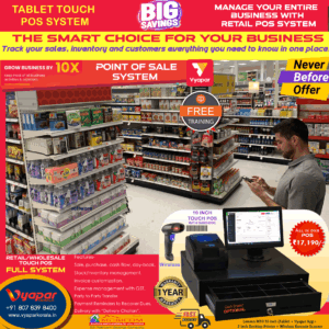 All IN ONE MPOS1729 TOUCH BASED TABLET POINT OF SALE SYSTEM WITH 10 INCH TOUCH TABLET, 2 INCH HEAVY-DUTY RECEIPT PRINTER, ANDROID/IOS BILLING & ACCOUNTING APPLICATION, WIRELESS BARCODE SCANNER AND 1 YEAR WARRANTY & TECHNICAL SUPPORT